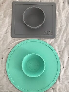 Silicone Suction Bowl & Placemat Set - Gray and Mint